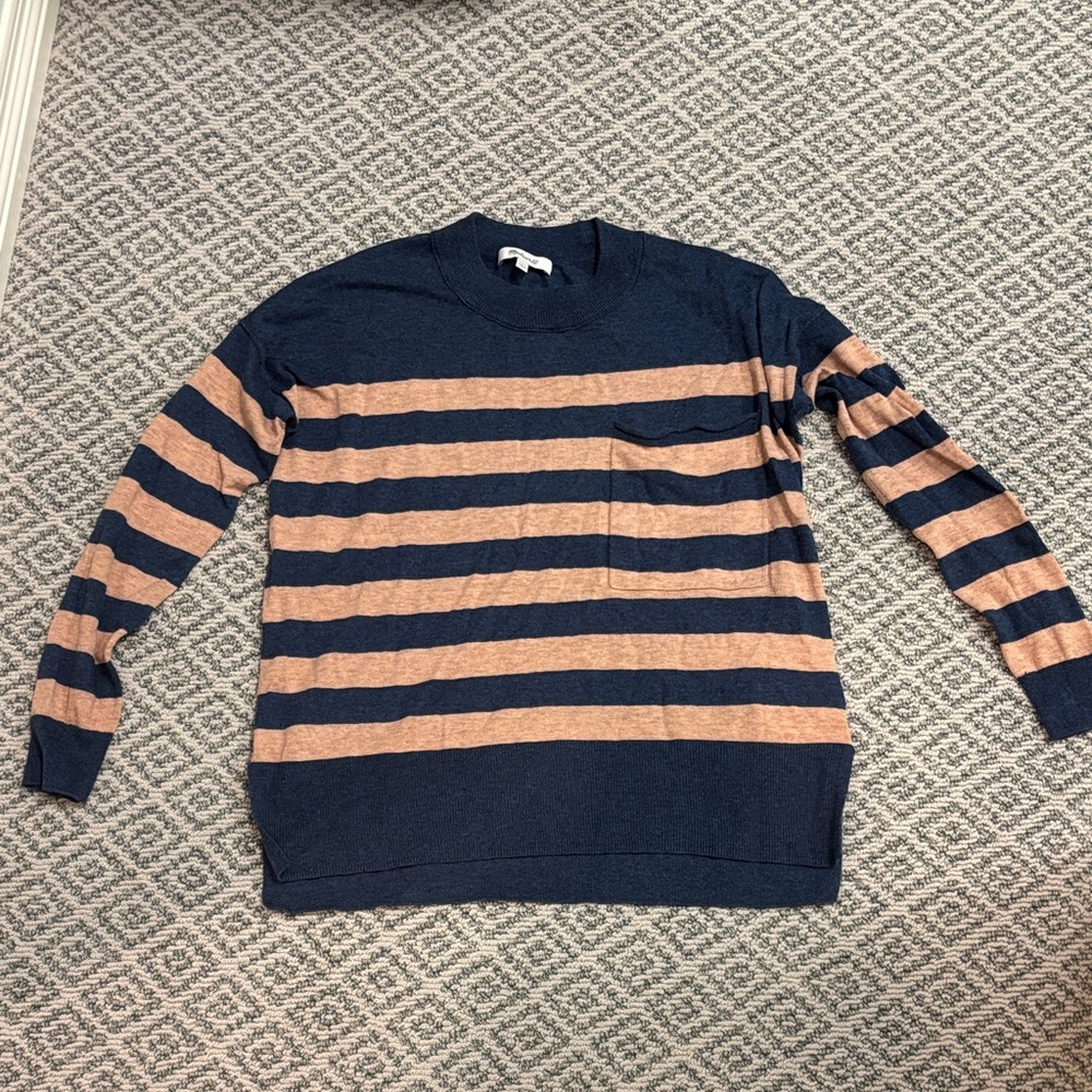 Madewell Women’s Navy and Tan Striped Crewneck Sweater. XXS
